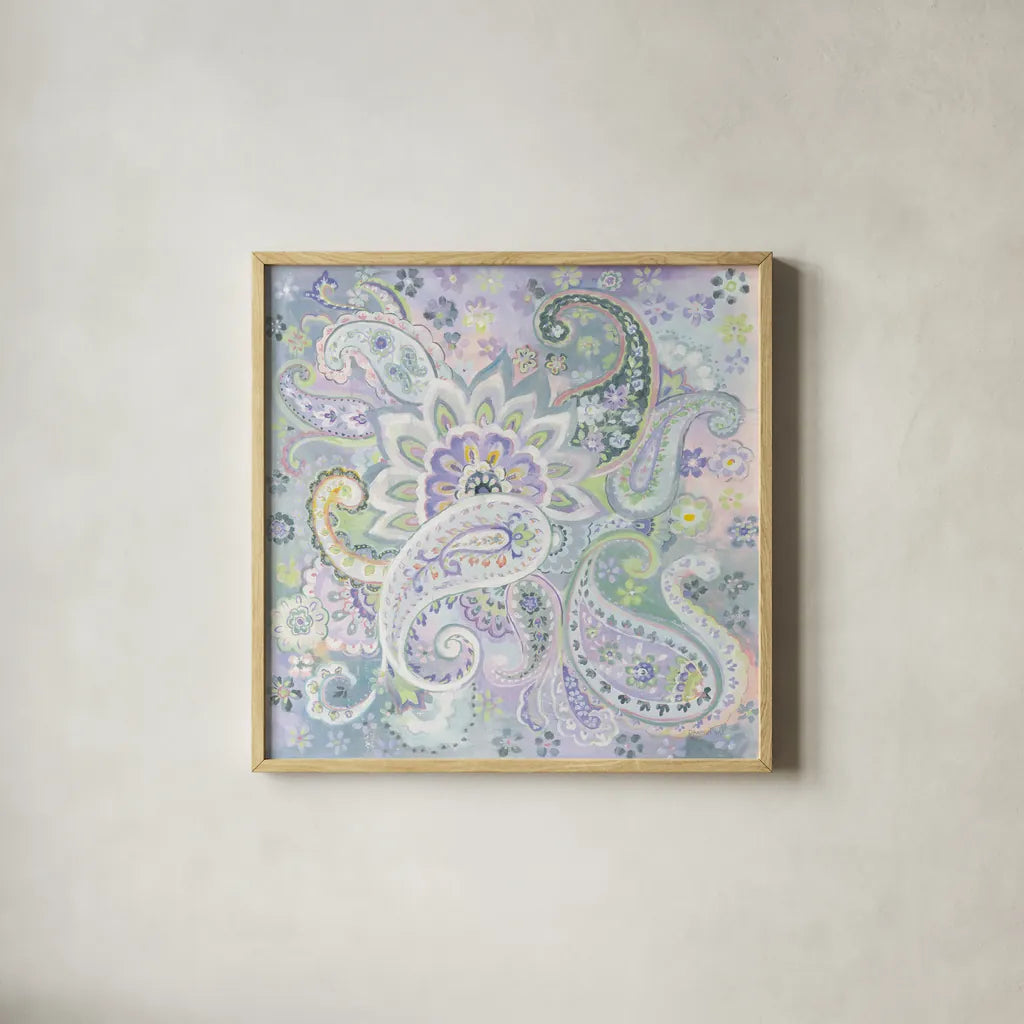Paisley Dream by Danhui Nai. Shown in a natural wood glass frame for a timeless modern aesthetic. Available as an archival giclee rolled canvas, fine art paper, or poster print. SKU 50146a.