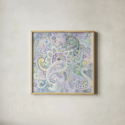 Paisley Dream by Danhui Nai. Shown in a natural wood glass frame for a timeless modern aesthetic. Available as an archival giclee rolled canvas, fine art paper, or poster print. SKU 50146a.