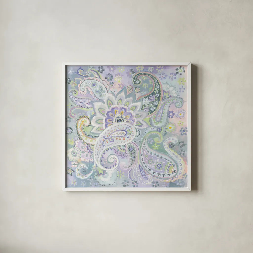 Paisley Dream by Danhui Nai. Shown in a crisp white glass frame for a clean and minimalist style. Available as an archival giclee rolled canvas, fine art paper, or poster print. SKU 50146a.