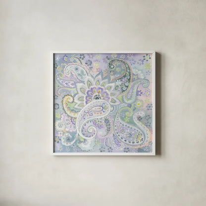 Paisley Dream by Danhui Nai. Shown in a crisp white glass frame for a clean and minimalist style. Available as an archival giclee rolled canvas, fine art paper, or poster print. SKU 50146a.