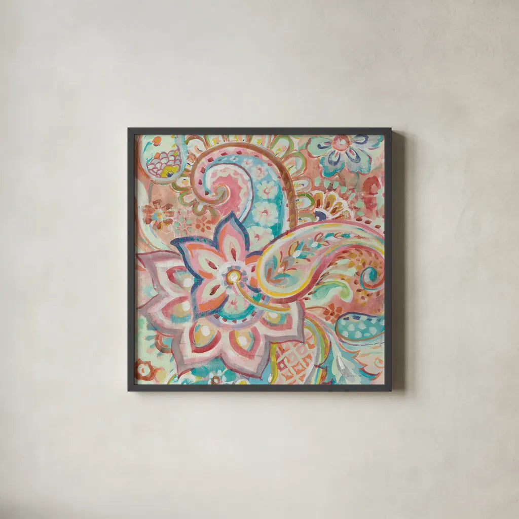 Paisley Galore Crop by Danhui Nai. Shown in a sleek black glass frame for a contemporary gallery look. Available as an archival giclee rolled canvas, fine art paper, or poster print. SKU 55649a.