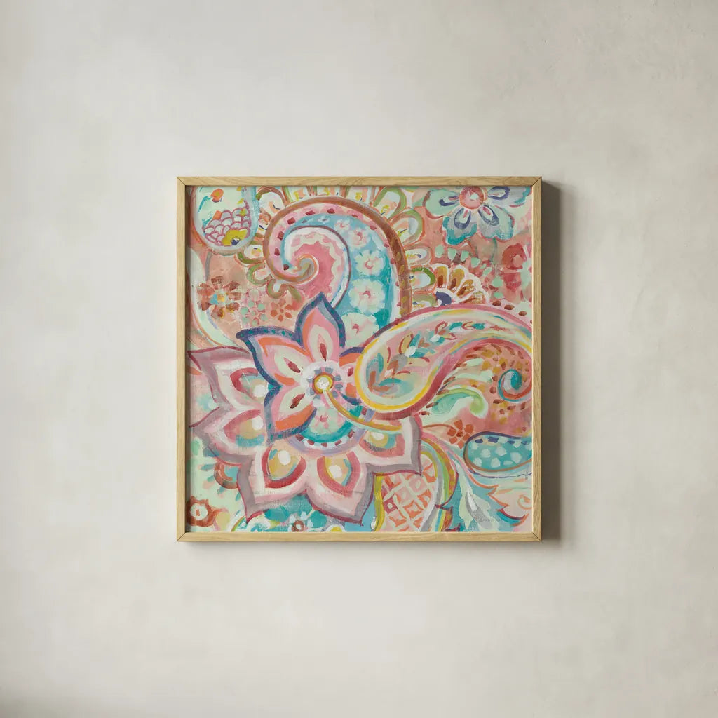 Paisley Galore Crop by Danhui Nai. Shown in a natural wood glass frame for a timeless modern aesthetic. Available as an archival giclee rolled canvas, fine art paper, or poster print. SKU 55649a.