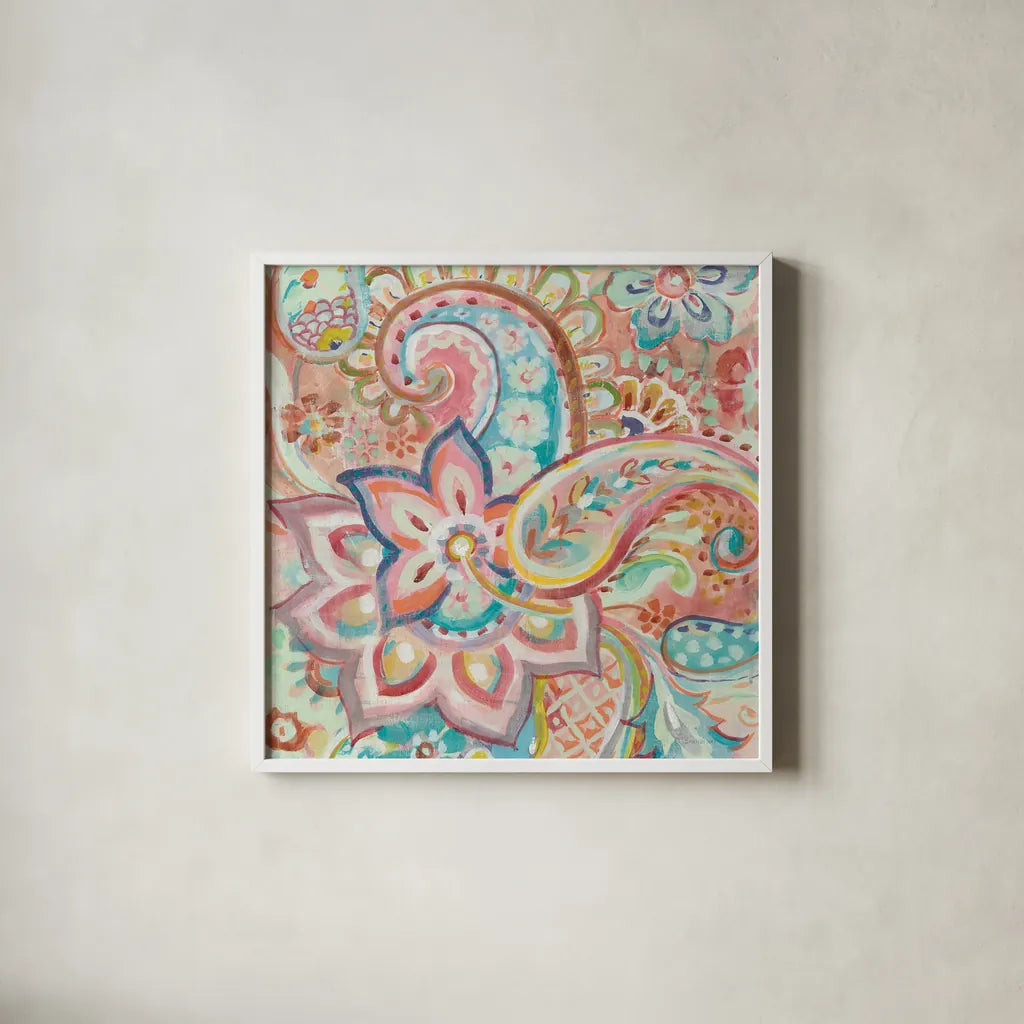 Paisley Galore Crop by Danhui Nai. Shown in a crisp white glass frame for a clean and minimalist style. Available as an archival giclee rolled canvas, fine art paper, or poster print. SKU 55649a.