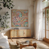 Paisley Galore Crop by Danhui Nai. Shown in a natural wood frame in a cozy modern living room. Available as an archival giclee rolled canvas, fine art paper, or poster print. SKU 55649a.