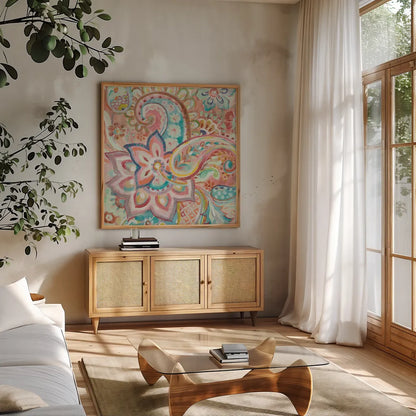 Paisley Galore Crop by Danhui Nai. Shown in a natural wood frame in a cozy modern living room. Available as an archival giclee rolled canvas, fine art paper, or poster print. SKU 55649a.