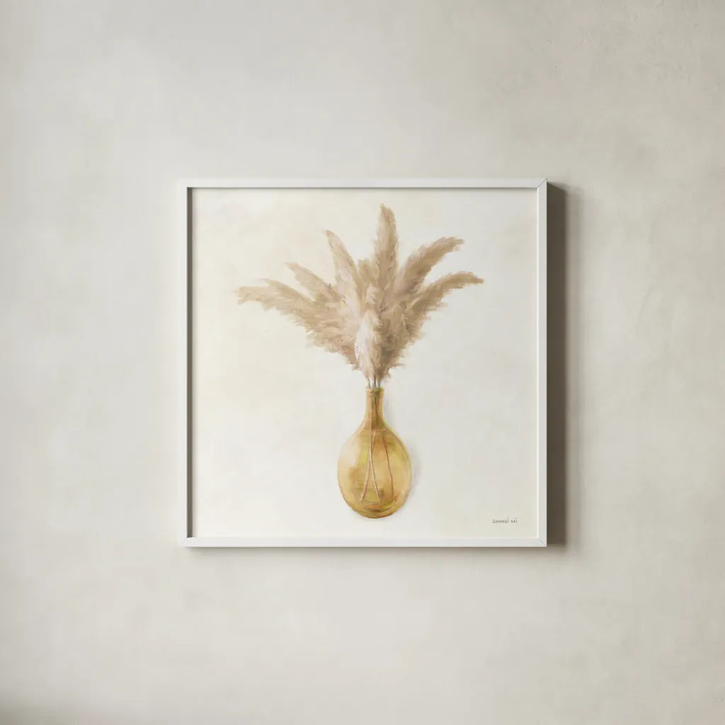 Pampas on Cream by Danhui Nai. Shown in a crisp white glass frame for a clean and minimalist style. Available as an archival giclee rolled canvas, fine art paper, or poster print. SKU 75536a.