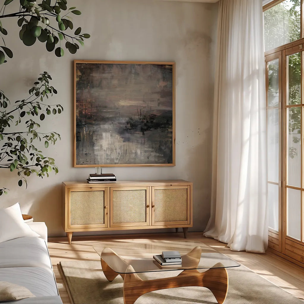 Panorama by Danhui Nai. Shown in a natural wood frame in a cozy modern living room. Available as an archival giclee rolled canvas, fine art paper, or poster print. SKU 98044a.