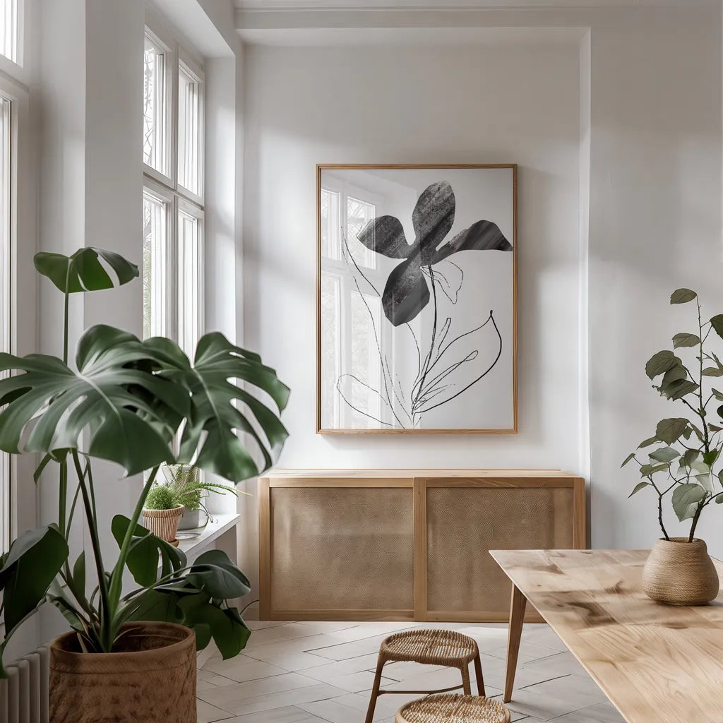 Paradise II by Danhui Nai. shown as a print in a natural wood frame in a dining room. Available as a archival giclee rolled canvas, fine art paper, or poster print. SKU 85194h.