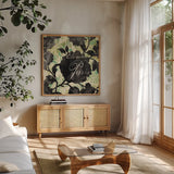 Paris Bloom II by Danhui Nai. Shown in a natural wood frame in a cozy modern living room. Available as an archival giclee rolled canvas, fine art paper, or poster print. SKU 10499a.