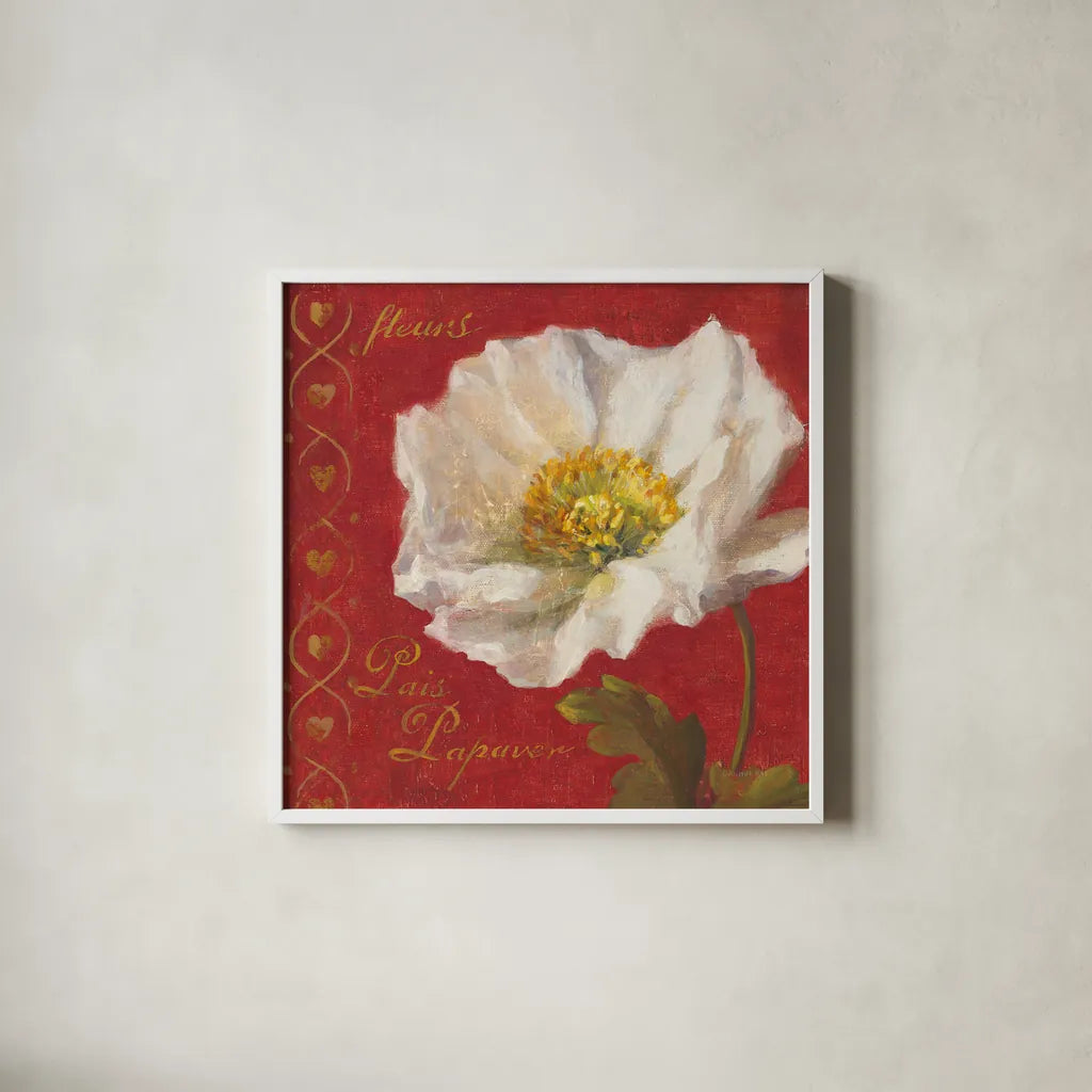 Paris Blossom II by Danhui Nai. Shown in a crisp white glass frame for a clean and minimalist style. Available as an archival giclee rolled canvas, fine art paper, or poster print. SKU 1402a.