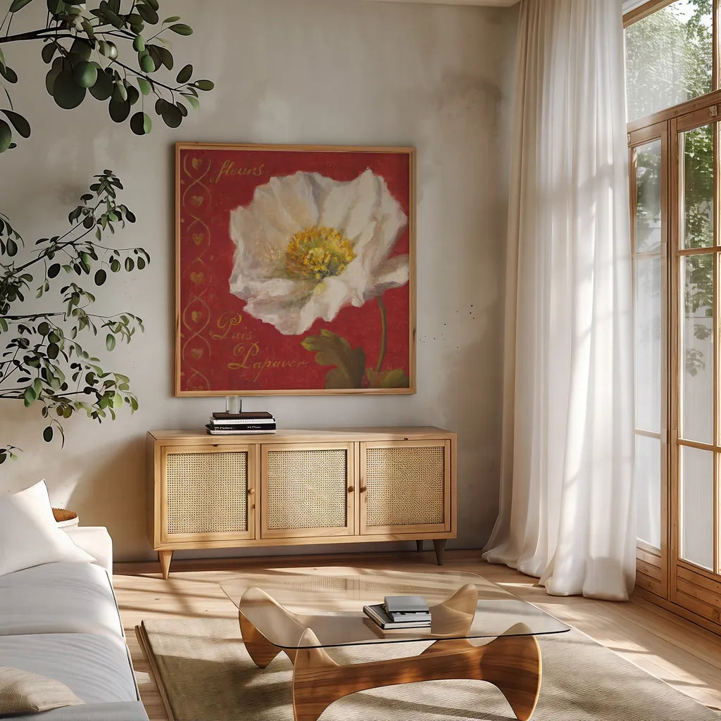 Paris Blossom II by Danhui Nai. Shown in a natural wood frame in a cozy modern living room. Available as an archival giclee rolled canvas, fine art paper, or poster print. SKU 1402a.
