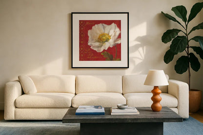 Paris Blossom II by Danhui Nai. Displayed in a glass frame with matte in a clean modern living room. Available as an archival giclee rolled canvas, fine art paper, or poster print. SKU 1402a.