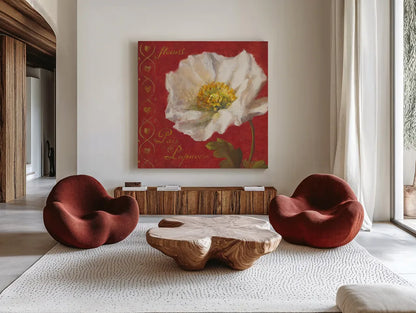 Paris Blossom II by Danhui Nai. Shown as extra-large giant wall art in a modern living room. Available as an archival giclee rolled canvas, fine art paper, or poster print. SKU 1402a.