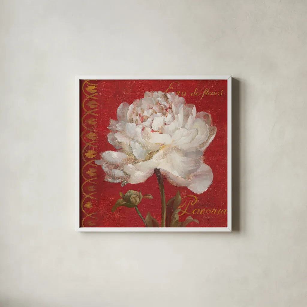 Paris Blossom IV by Danhui Nai. Shown in a crisp white glass frame for a clean and minimalist style. Available as an archival giclee rolled canvas, fine art paper, or poster print. SKU 1404a.