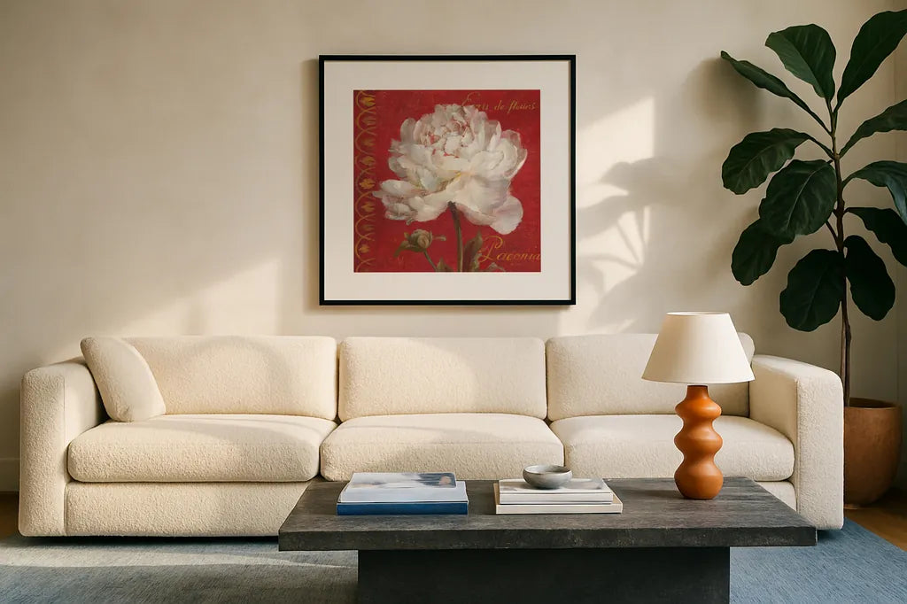 Paris Blossom IV by Danhui Nai. Displayed in a glass frame with matte in a clean modern living room. Available as an archival giclee rolled canvas, fine art paper, or poster print. SKU 1404a.