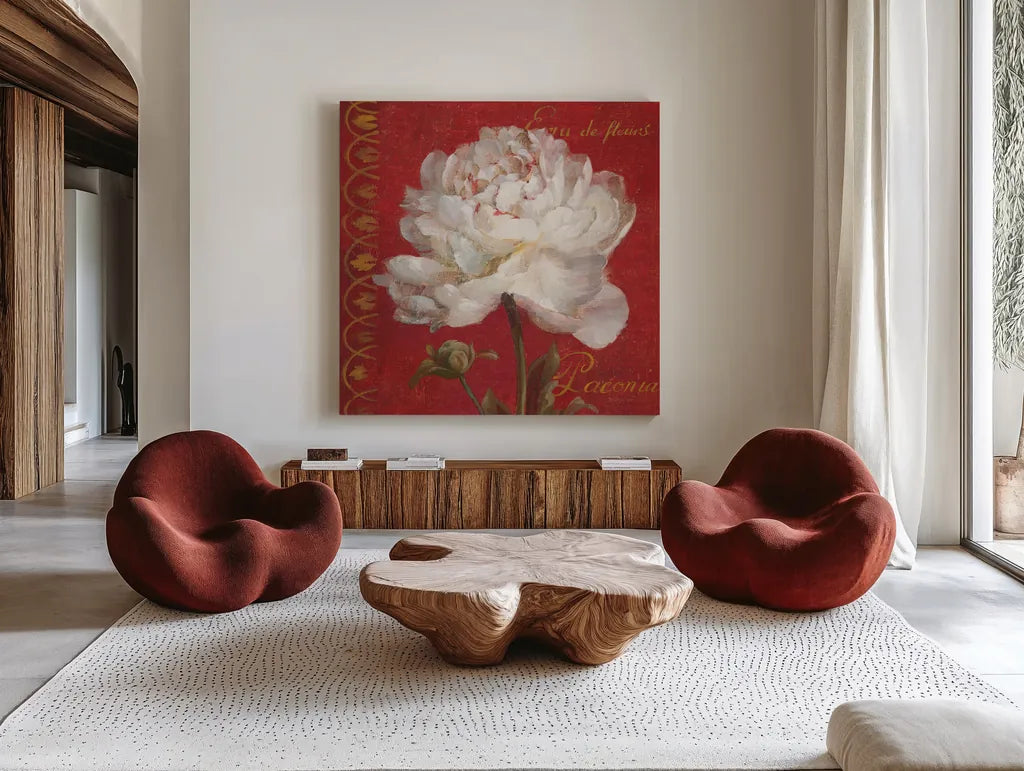 Paris Blossom IV by Danhui Nai. Shown as extra-large giant wall art in a modern living room. Available as an archival giclee rolled canvas, fine art paper, or poster print. SKU 1404a.