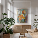 Parrot Tulips I by Danhui Nai. shown as a print in a natural wood frame in a dining room. Available as a archival giclee rolled canvas, fine art paper, or poster print. SKU 19285h.