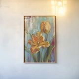 Parrot Tulips I by Danhui Nai. shown as a paper print in a natural frame. Available as a archival giclee rolled canvas, fine art paper, or poster print. SKU 19285h.