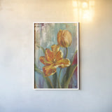 Parrot Tulips I by Danhui Nai. shown as a paper print in a white frame. Available as a archival giclee rolled canvas, fine art paper, or poster print. SKU 19285h.