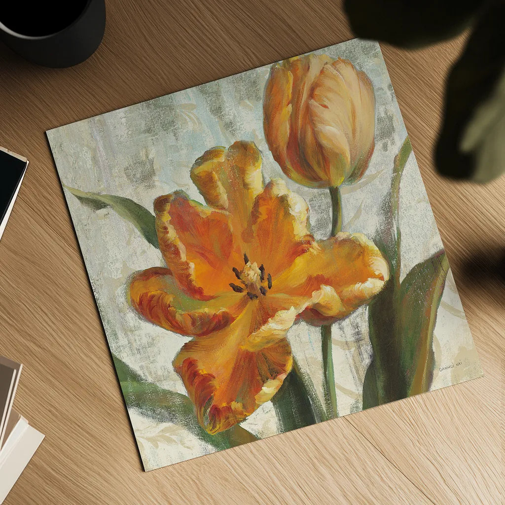 Parrot Tulips I on Ivory by Danhui Nai. Shown as a detailed flat fine art print, highlighting archival giclee quality. Available as an archival giclee rolled canvas, fine art paper, or poster print. SKU 21259a.