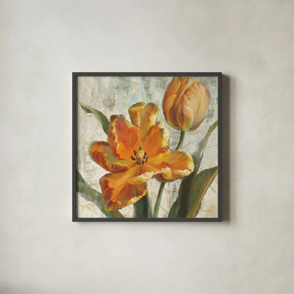 Parrot Tulips I on Ivory by Danhui Nai. Shown in a sleek black glass frame for a contemporary gallery look. Available as an archival giclee rolled canvas, fine art paper, or poster print. SKU 21259a.