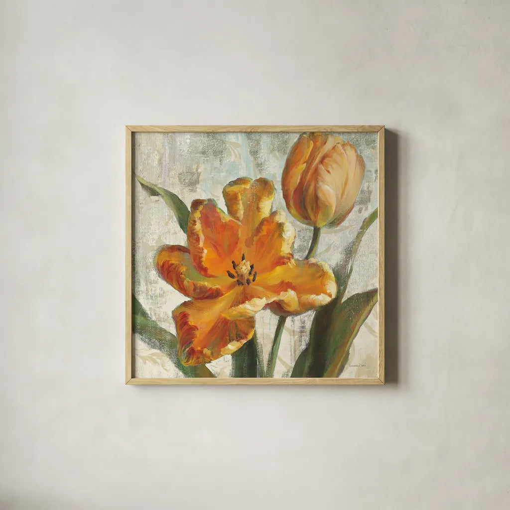 Parrot Tulips I on Ivory by Danhui Nai. Shown in a natural wood glass frame for a timeless modern aesthetic. Available as an archival giclee rolled canvas, fine art paper, or poster print. SKU 21259a.