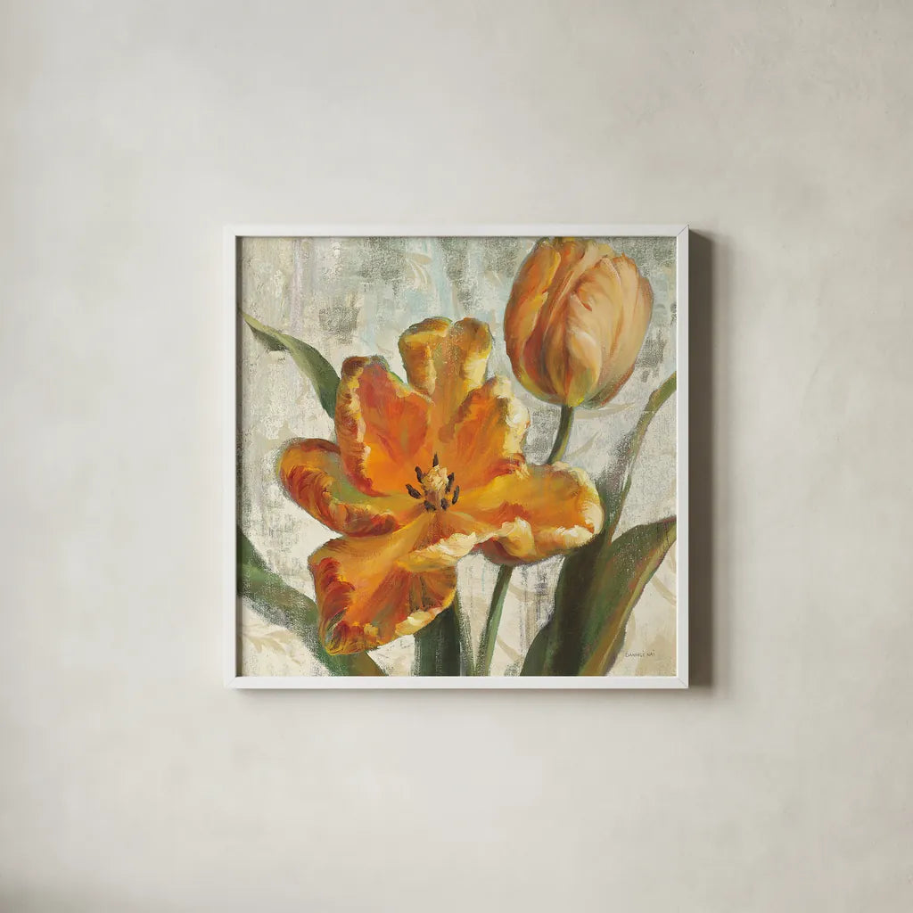 Parrot Tulips I on Ivory by Danhui Nai. Shown in a crisp white glass frame for a clean and minimalist style. Available as an archival giclee rolled canvas, fine art paper, or poster print. SKU 21259a.