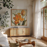 Parrot Tulips I on Ivory by Danhui Nai. Shown in a natural wood frame in a cozy modern living room. Available as an archival giclee rolled canvas, fine art paper, or poster print. SKU 21259a.