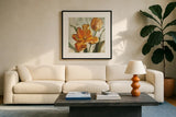 Parrot Tulips I on Ivory by Danhui Nai. Displayed in a glass frame with matte in a clean modern living room. Available as an archival giclee rolled canvas, fine art paper, or poster print. SKU 21259a.