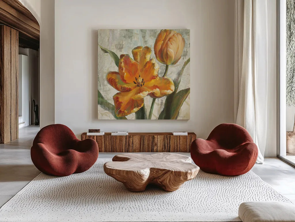 Parrot Tulips I on Ivory by Danhui Nai. Shown as extra-large giant wall art in a modern living room. Available as an archival giclee rolled canvas, fine art paper, or poster print. SKU 21259a.
