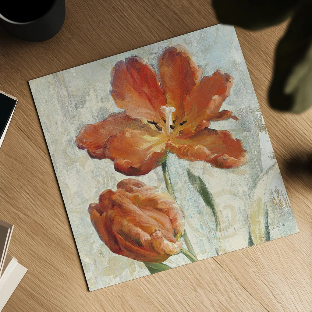 Parrot Tulips II  on Ivory by Danhui Nai. Shown as a detailed flat fine art print, highlighting archival giclee quality. Available as an archival giclee rolled canvas, fine art paper, or poster print. SKU 21260a.