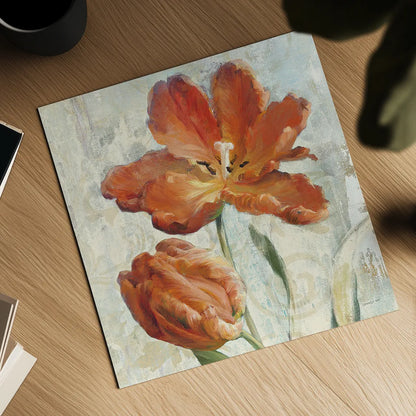 Parrot Tulips II  on Ivory by Danhui Nai. Shown as a detailed flat fine art print, highlighting archival giclee quality. Available as an archival giclee rolled canvas, fine art paper, or poster print. SKU 21260a.