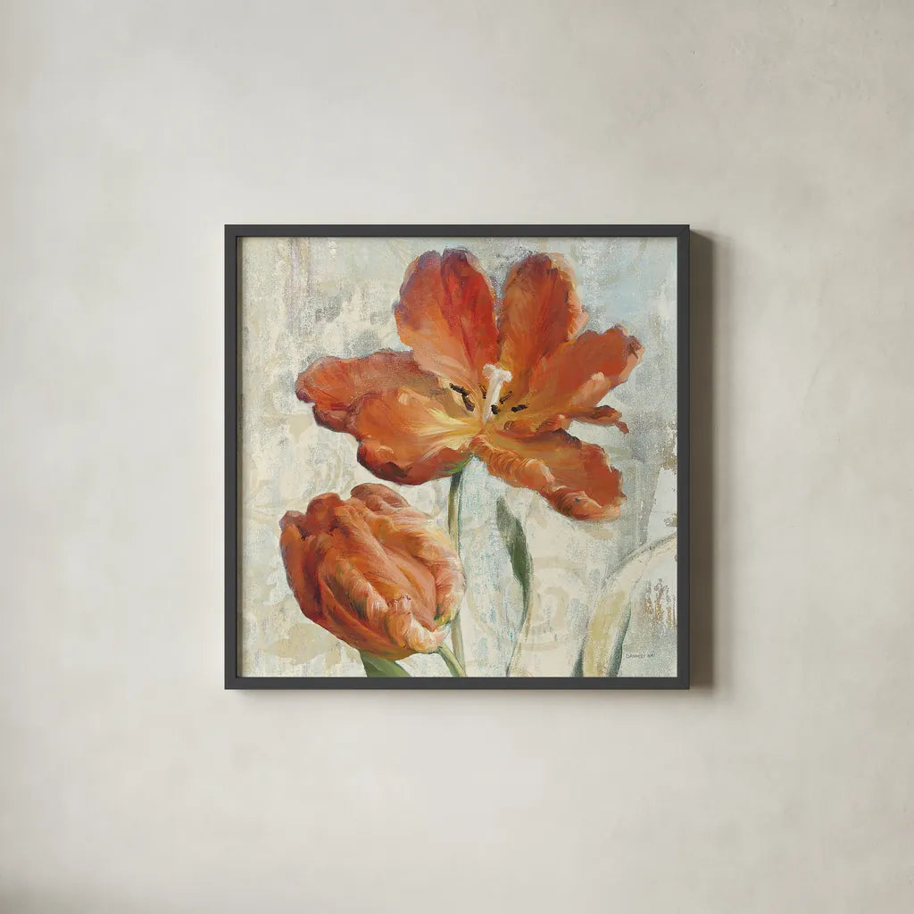 Parrot Tulips II  on Ivory by Danhui Nai. Shown in a sleek black glass frame for a contemporary gallery look. Available as an archival giclee rolled canvas, fine art paper, or poster print. SKU 21260a.