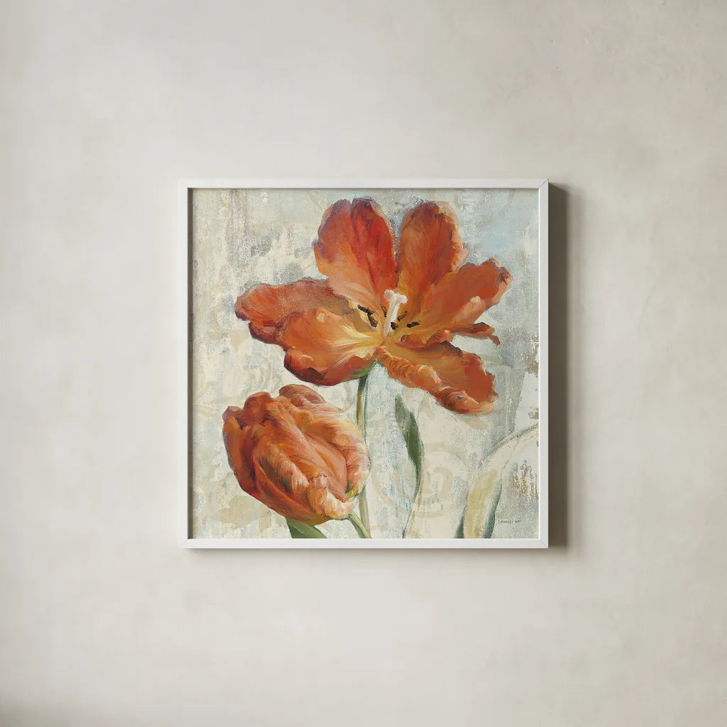 Parrot Tulips II  on Ivory by Danhui Nai. Shown in a crisp white glass frame for a clean and minimalist style. Available as an archival giclee rolled canvas, fine art paper, or poster print. SKU 21260a.