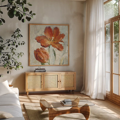 Parrot Tulips II  on Ivory by Danhui Nai. Shown in a natural wood frame in a cozy modern living room. Available as an archival giclee rolled canvas, fine art paper, or poster print. SKU 21260a.