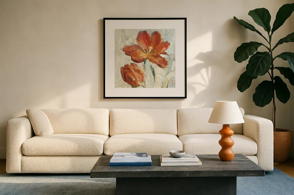 Parrot Tulips II  on Ivory by Danhui Nai. Displayed in a glass frame with matte in a clean modern living room. Available as an archival giclee rolled canvas, fine art paper, or poster print. SKU 21260a.