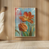 Parrot Tulips II by Danhui Nai. shown as over sized large wall art. Available as an archival giclee rolled canvas, fine art paper, or poster print. SKU 19286h.