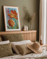 Parrot Tulips II by Danhui Nai. shown as a paper print in a natural frame. Available as a archival giclee rolled canvas, fine art paper, or poster print. SKU 19286h.
