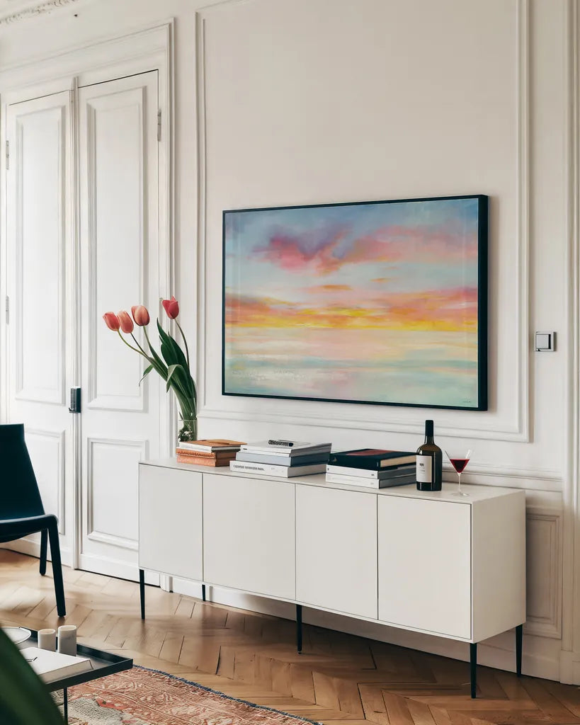 Pastel Sky by Danhui Nai. shown as a framed stretched canvas in a living room above a console. Available as a archival giclee rolled canvas, fine art paper, or poster print. SKU 24694i.