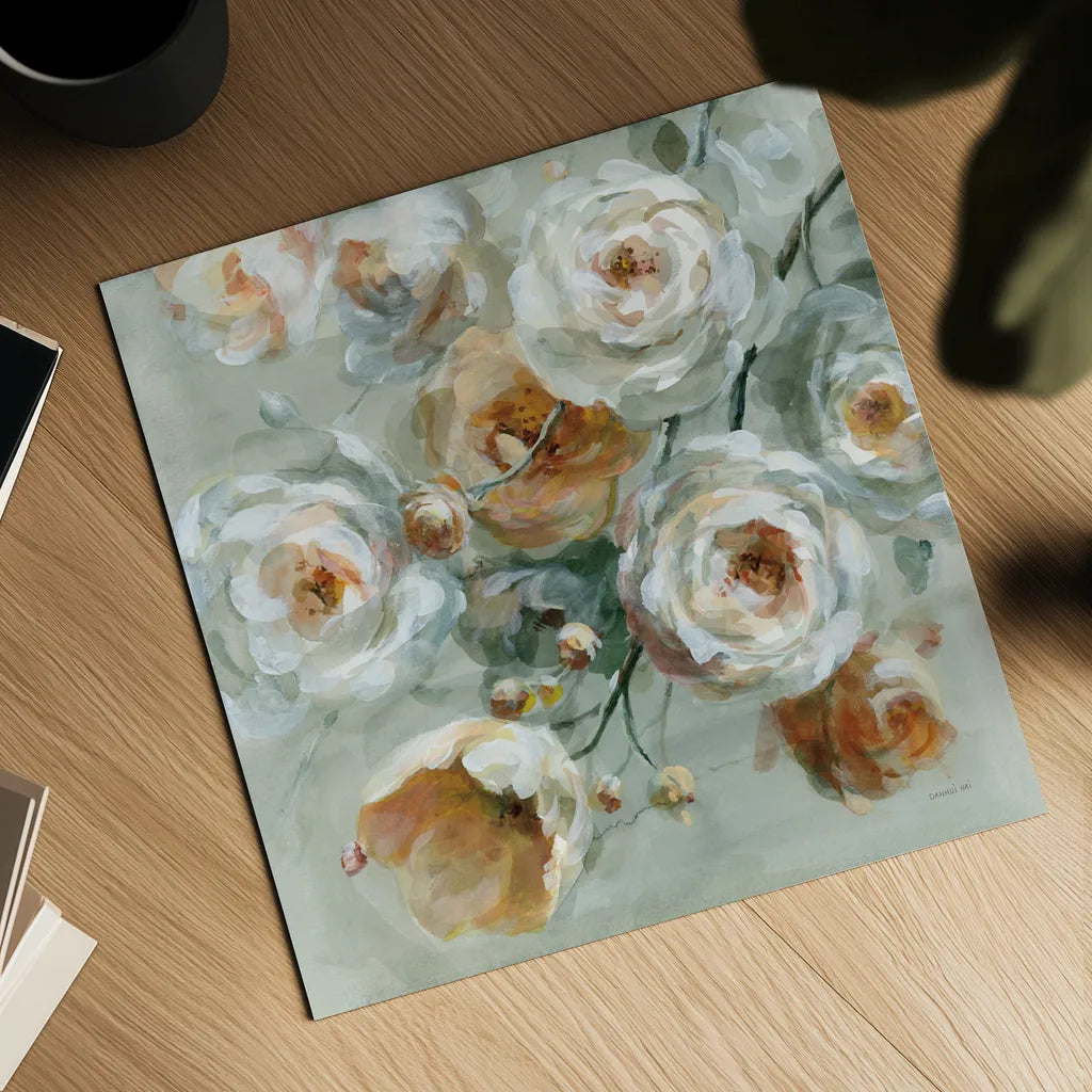 Peach Blossoms by Danhui Nai. Shown as a detailed flat fine art print, highlighting archival giclee quality. Available as an archival giclee rolled canvas, fine art paper, or poster print. SKU 90190a.