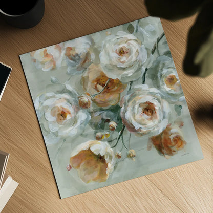 Peach Blossoms by Danhui Nai. Shown as a detailed flat fine art print, highlighting archival giclee quality. Available as an archival giclee rolled canvas, fine art paper, or poster print. SKU 90190a.