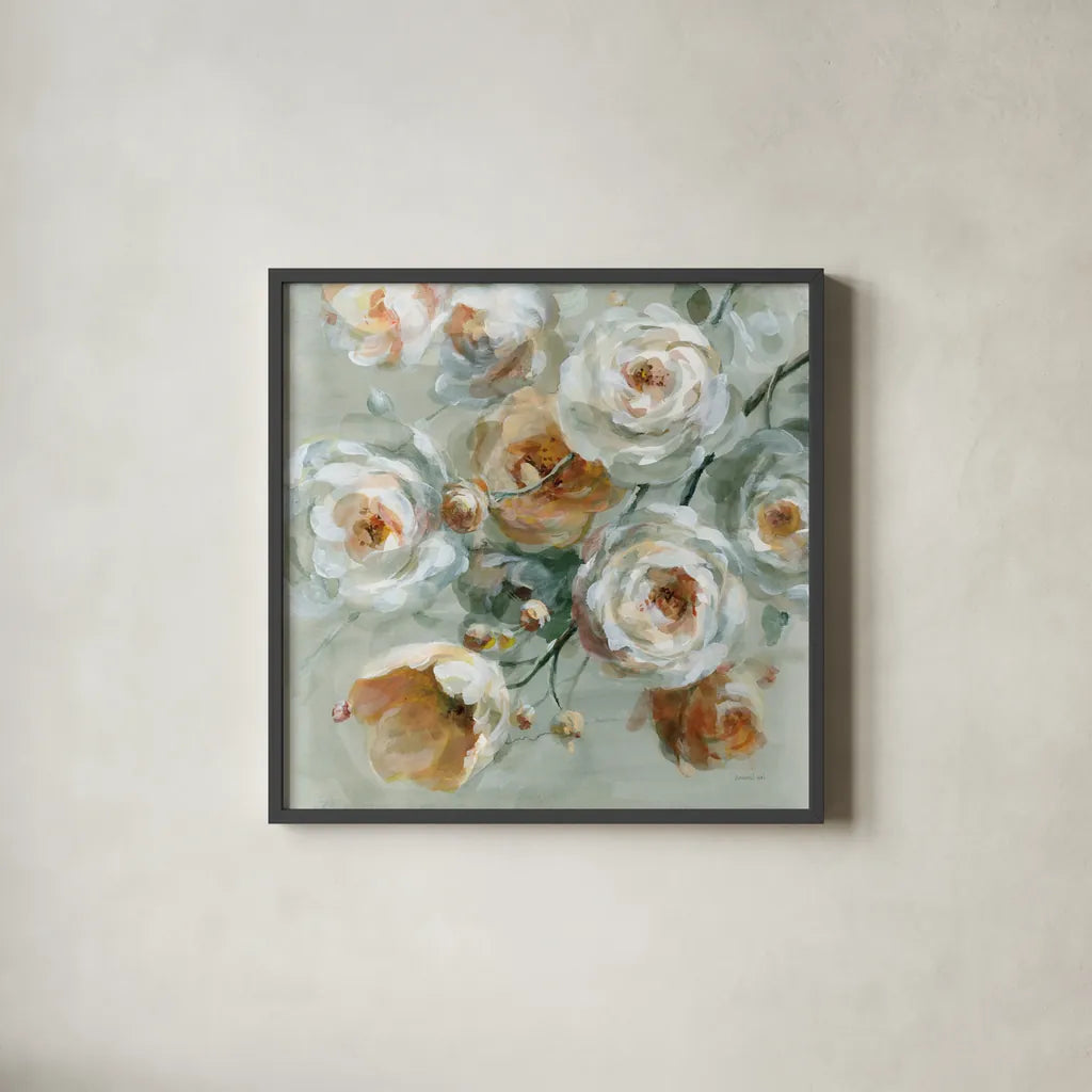 Peach Blossoms by Danhui Nai. Shown in a sleek black glass frame for a contemporary gallery look. Available as an archival giclee rolled canvas, fine art paper, or poster print. SKU 90190a.