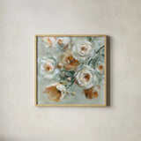 Peach Blossoms by Danhui Nai. Shown in a natural wood glass frame for a timeless modern aesthetic. Available as an archival giclee rolled canvas, fine art paper, or poster print. SKU 90190a.
