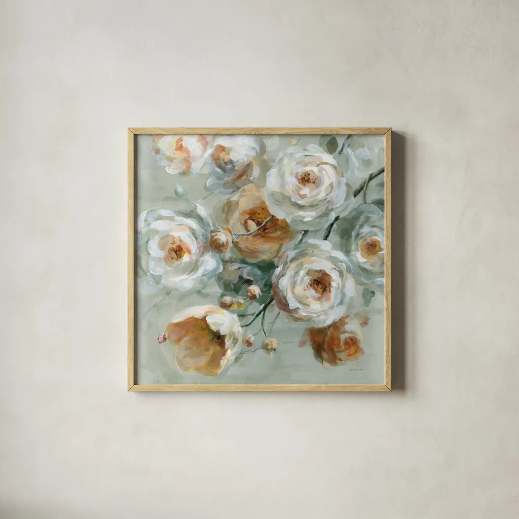 Peach Blossoms by Danhui Nai. Shown in a natural wood glass frame for a timeless modern aesthetic. Available as an archival giclee rolled canvas, fine art paper, or poster print. SKU 90190a.