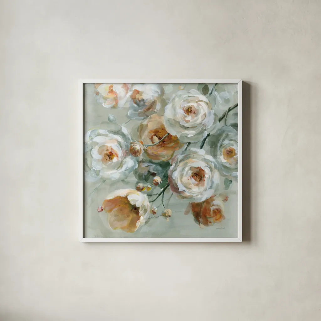 Peach Blossoms by Danhui Nai. Shown in a crisp white glass frame for a clean and minimalist style. Available as an archival giclee rolled canvas, fine art paper, or poster print. SKU 90190a.