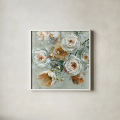 Peach Blossoms by Danhui Nai. Shown in a crisp white glass frame for a clean and minimalist style. Available as an archival giclee rolled canvas, fine art paper, or poster print. SKU 90190a.