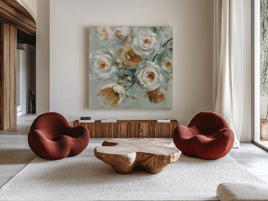 Peach Blossoms by Danhui Nai. Shown as extra-large giant wall art in a modern living room. Available as an archival giclee rolled canvas, fine art paper, or poster print. SKU 90190a.