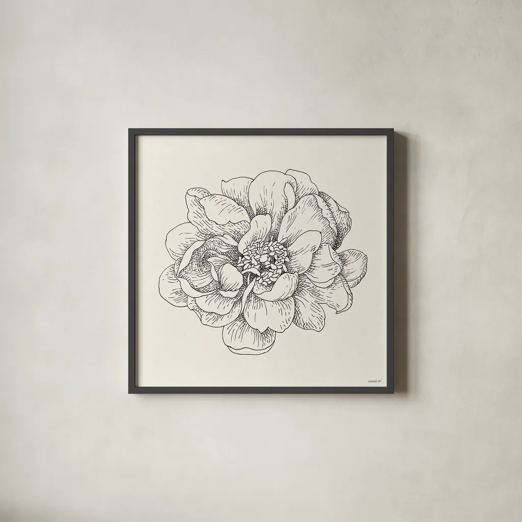 Pen and Ink Florals IV by Danhui Nai. Shown in a sleek black glass frame for a contemporary gallery look. Available as an archival giclee rolled canvas, fine art paper, or poster print. SKU 22766a.