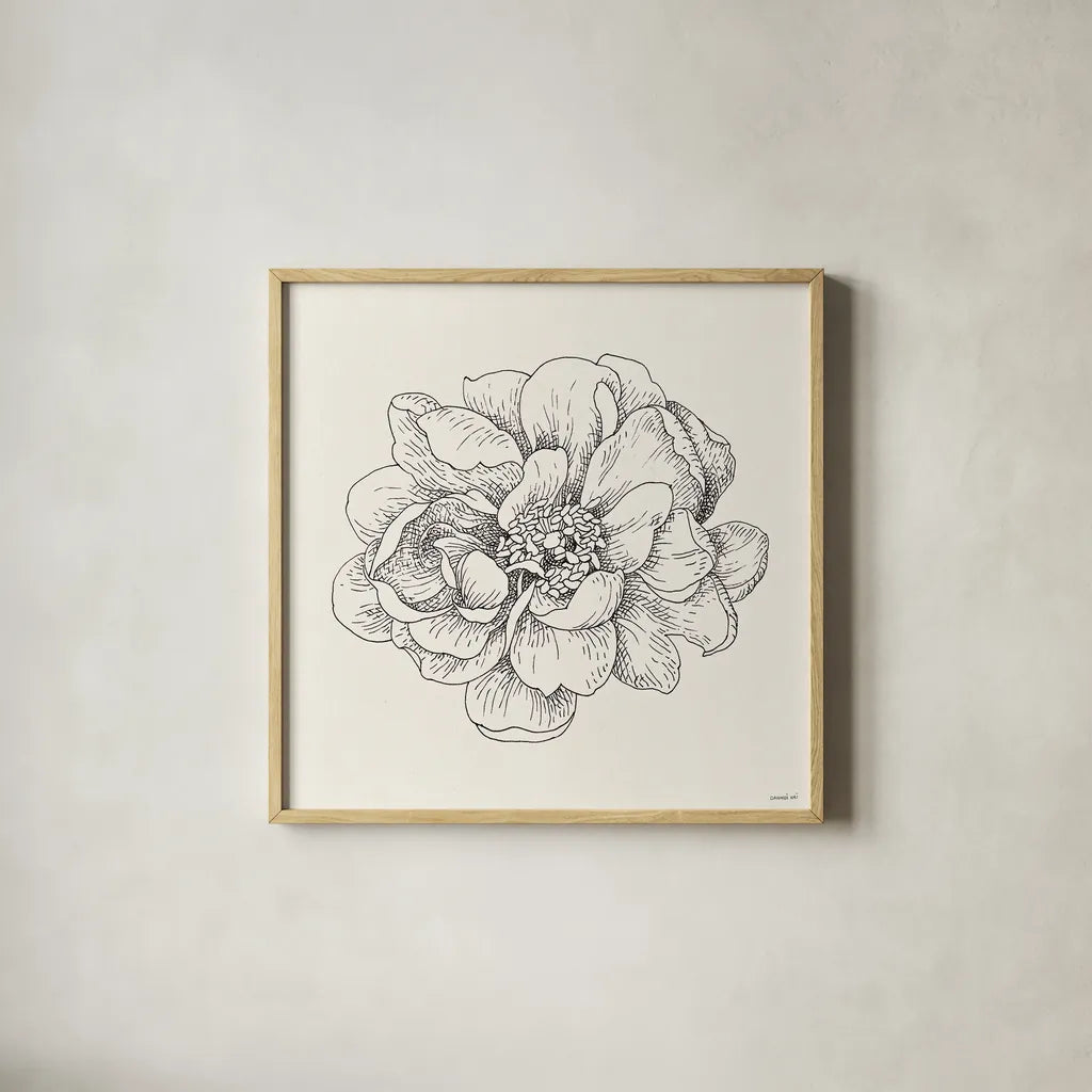 Pen and Ink Florals IV by Danhui Nai. Shown in a natural wood glass frame for a timeless modern aesthetic. Available as an archival giclee rolled canvas, fine art paper, or poster print. SKU 22766a.