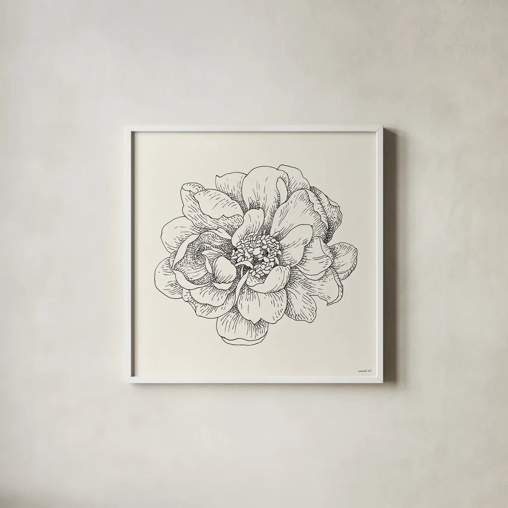Pen and Ink Florals IV by Danhui Nai. Shown in a crisp white glass frame for a clean and minimalist style. Available as an archival giclee rolled canvas, fine art paper, or poster print. SKU 22766a.